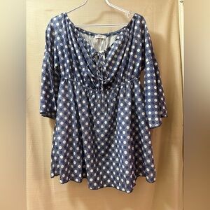 Miss Kelly 1999 Blue Polka Dot Babydoll Mini Dress Bell Sleeve Size L